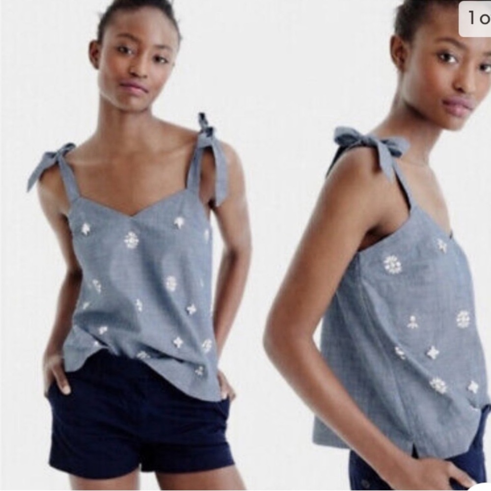 J. Crew Women's Size 2 Chambray Tank Jewel Beaded Embellished Tie Shoulder Top
